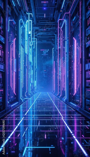 3D Render of Futuristic Neon Blue and Purple Circuit Board Data Stream Background Representing Cyberspace and Cyber Security
