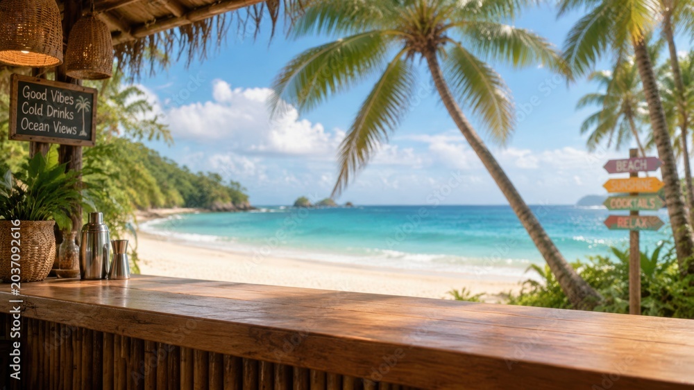 Fototapeta premium Beach bar counter overlooking tropical beach with palm trees