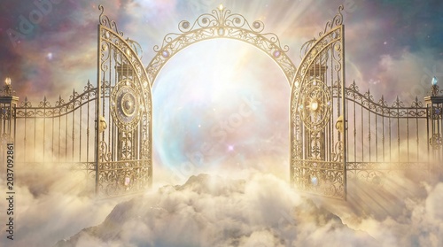 Pearly gates opening with brilliant light concept. Majestic golden gates open to a bright, ethereal sky.