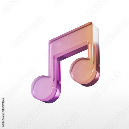 Three dimensional musical note with gradient coloration against a white background render audio