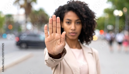 Woman signals stop with her hand.