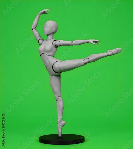 A high-fidelity studio shot of an articulated mannequin with refined feminine body proportions performing an advanced ballet stance. Standing en pointe on a glossy black circular pedestal