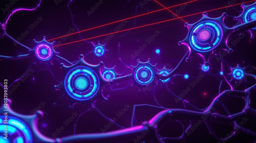 Fototapeta premium Futuristic network glows. Purple, blue neon lines connect glowing nodes. Red beams intersect complex digital structure. Abstract technology concept.