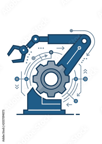 Mechanical gear system with robotic arms and motion arrows in flat design illustration