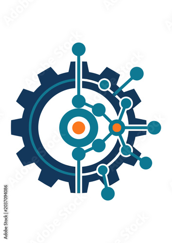 Abstract futuristic technology gear mechanism with interconnected nodes and glowing center in teal and orange