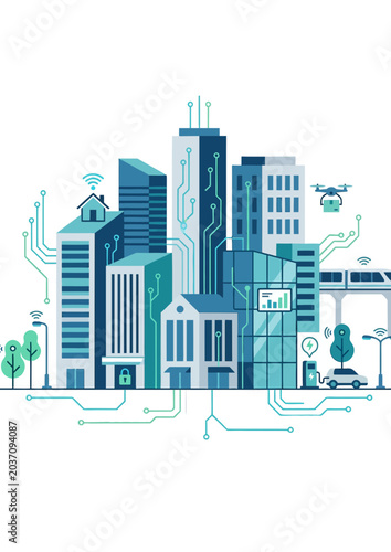 Smart city digital network with IoT technology connecting buildings and urban infrastructure futuristic