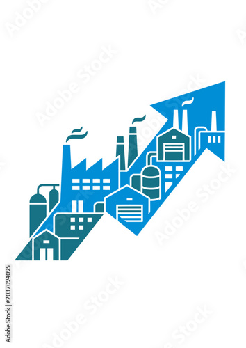 Industrial growth and sustainability concept with factories and upward arrow in blue flat design