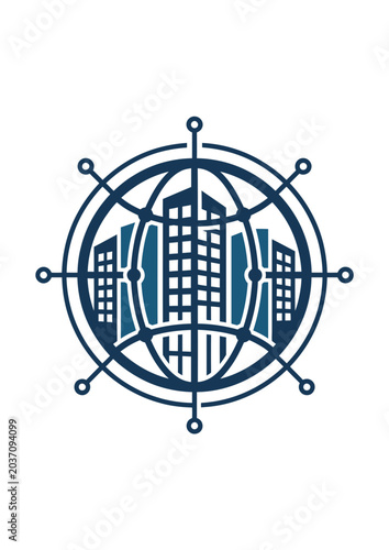 Modern city skyline inside target scope with crosshair lines minimalist vector illustration