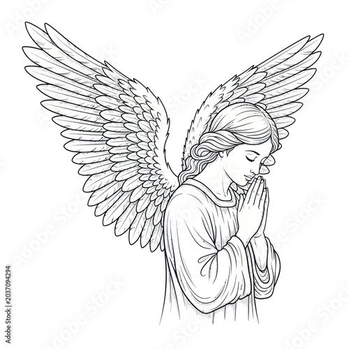 Φωτογραφία Angel Praying with Wings Open, Religious Illustration