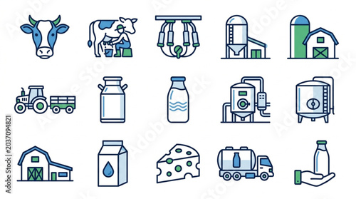 Dairy farm milk production icons set.
