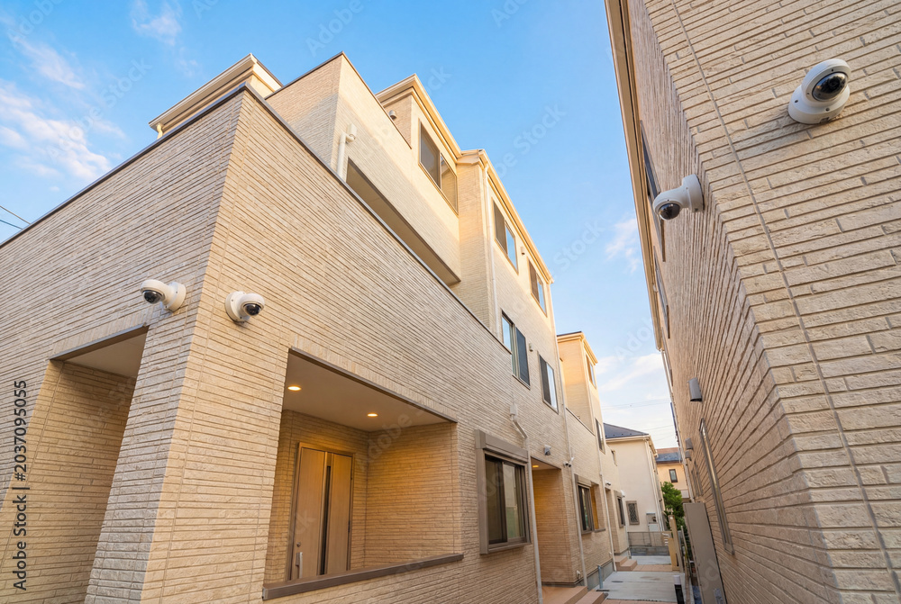 Fototapeta premium White security cameras mounted on a brick exterior
