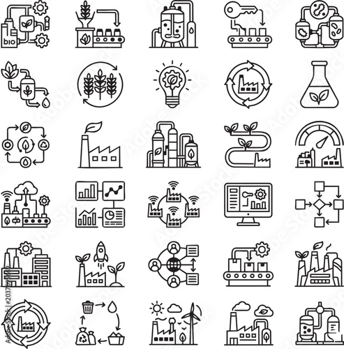White Biotechnology Line Icons Set – 30 Minimal Black Outline Vector Icons for Industrial Biotechnology, Circular Economy & Bio-Based Manufacturing