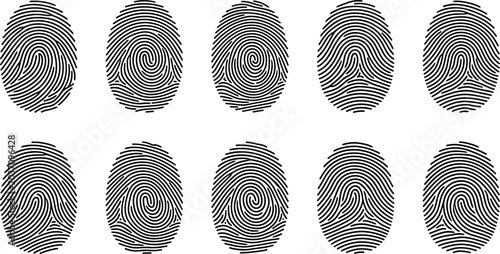 Black fingerprint scan patterns set vector illustration featuring unique thumbprint loop whorl and arch identification lines isolated on white background.