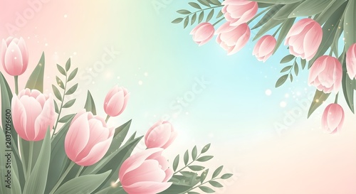 Pink tulip floral background with soft pastel colors and glowing light for greetings