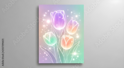 Glowing pastel tulip flowers with sparkling light effects on soft gradient art style