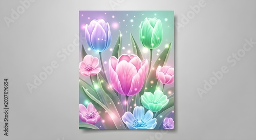 Glowing pastel tulip flowers illustration with magical light particles and soft glow