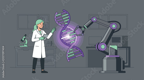 Female scientist with robotic arm analyzing DNA in laboratory