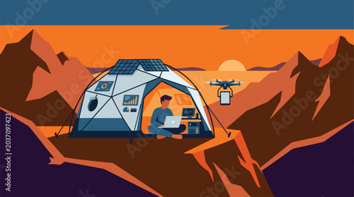 Remote worker in tent with drone outdoors at sunset
