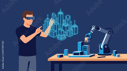 Man wearing VR headset interacting with robotic arm and cityscape