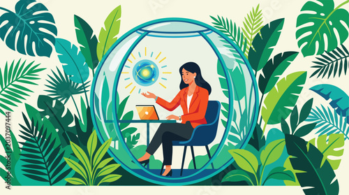 woman working on laptop in tropical greenhouse environment