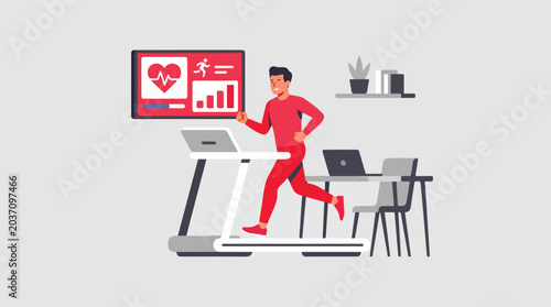 Man running on treadmill in home office with heart rate monitor