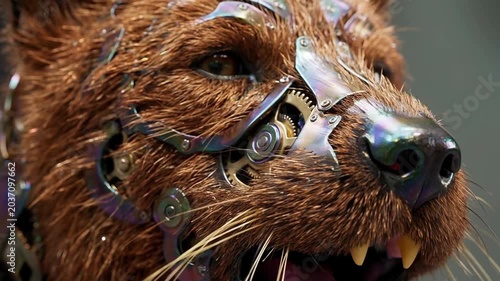 Fluffy cats wearing sunglasses and chains concept. Close up of cybernetic animal face with mechanical gears and realistic fur digital art