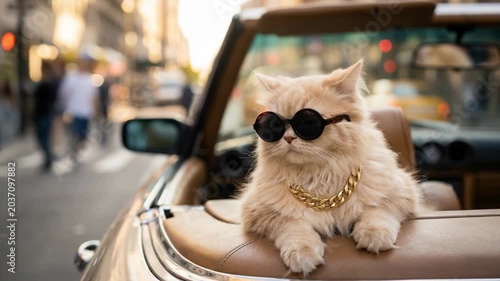 Fluffy cats wearing sunglasses and chains concept. Cool cat wearing sunglasses and gold chain sitting in convertible car on city street