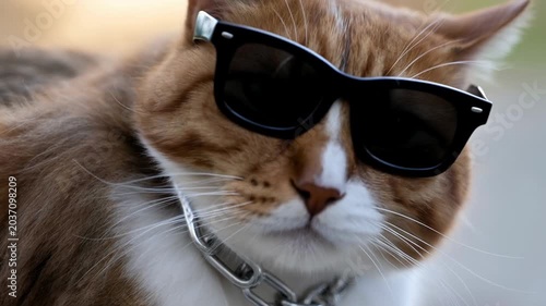Fluffy rich cats in sunglasses and chains riding luxury open car concept. Cool orange tabby cat wearing black sunglasses and a metal chain collar close up portrait