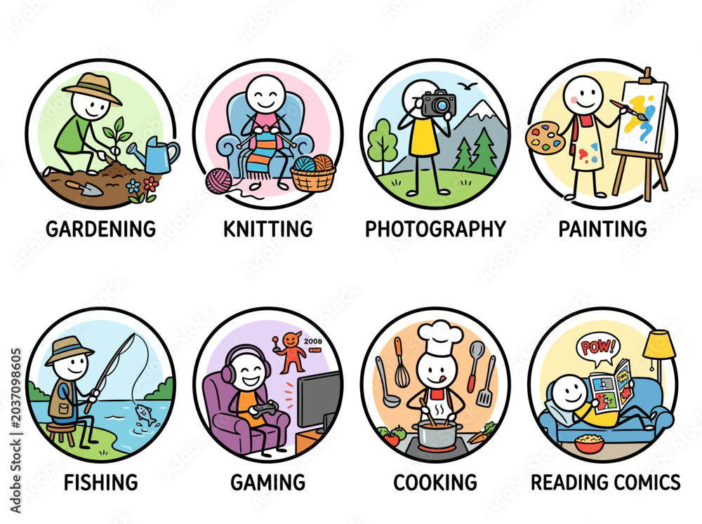 Fototapeta premium A colorful illustration of people enjoying hobbies like gardening, knitting, photography, painting, fishing, gaming, cooking, and reading comics.