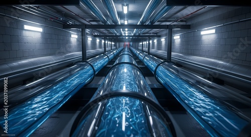 Futuristic industrial tunnel with glowing blue water pipes, technology, energy