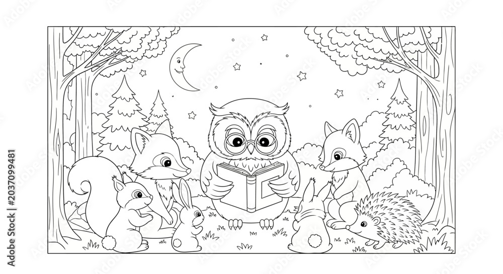 Fototapeta premium Cute forest animals gathered around an owl reading a book under the moonlight, black and white illustration for coloring