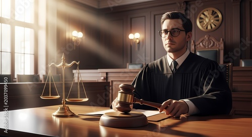 Judge in Courtroom with Gavel and Scales of Justice, Legal Authority Concept