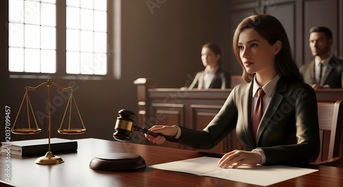 Female Judge Holding Gavel in Courtroom with Scales of Justice