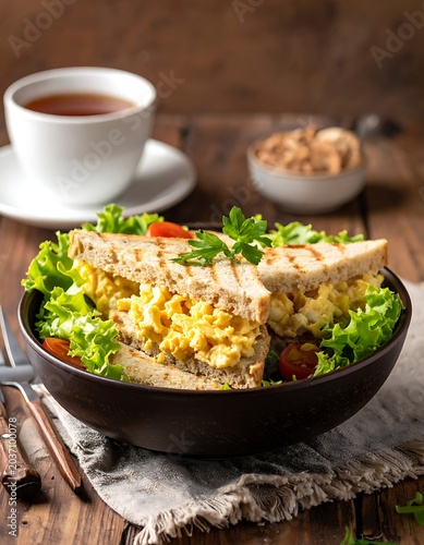 Delicious breakfast with sandwich and coffee.