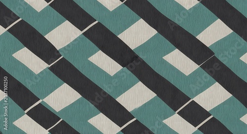 Geometric Pattern Texture Background - Teal, Black, Cream Stripes and Squares