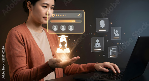 Asian woman using laptop with holographic e-learning interface, online education concept, graduation cap, student rating progress, virtual classroom, EdTech digital training and upskilling
