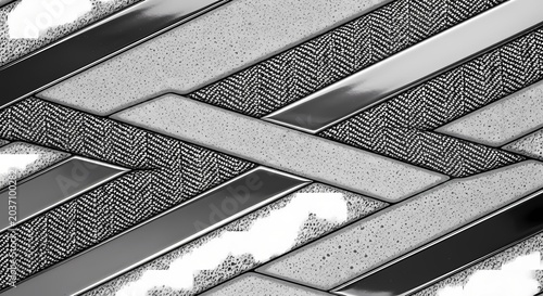 Abstract geometric pattern with metallic and textured elements, monochrome