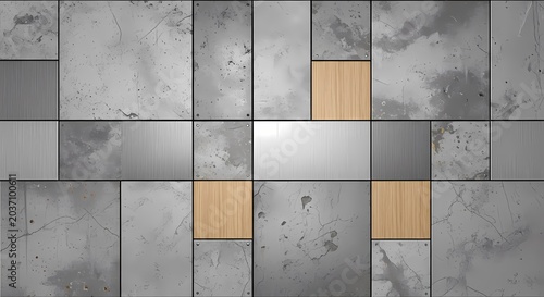 Modern Mosaic Texture: Concrete, Brushed Metal, and Wood Panels