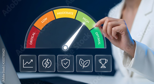 Business professional adjusting performance gauge dashboard from critical to optimal for risk assessment KPI monitoring business performance and operational efficiency management system tool