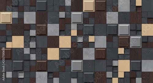 Modern Mosaic Pattern: Textured Squares of Wood, Stone, and Metal