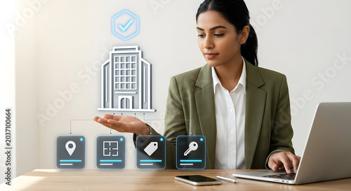 Businesswoman presenting digital real estate property management with holographic building for location floor plan pricing and secure property key access platform and investment solution