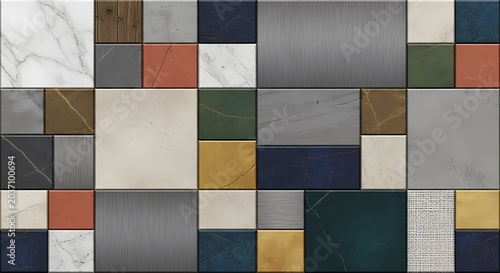 Abstract geometric mosaic of diverse textures and colors, modern interior design