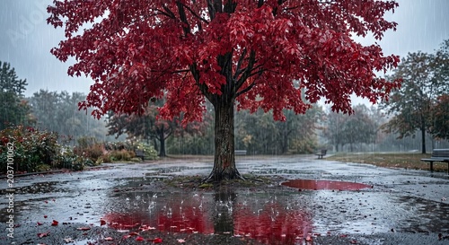 Vibrant red autumn tree standing in a park during a heavy rainstorm with beautiful reflections in a wet puddle.