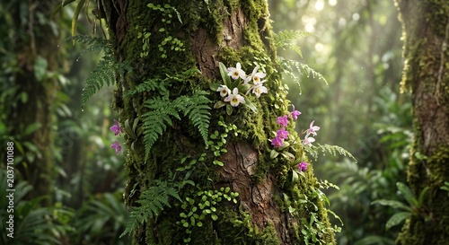 Beautiful wild orchids and green ferns growing on a mossy tree trunk in a lush tropical rainforest.