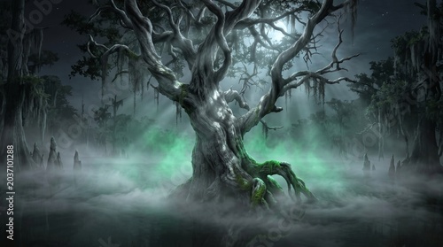 Spooky ancient tree in a misty swamp at night with glowing eerie green fog and moonlight.