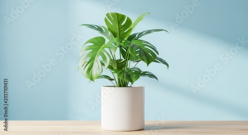 A lush green indoor plant in a sleek white planter rests on a light wooden surface before a calm pastel blue background in soft light, growth, shadow, surface