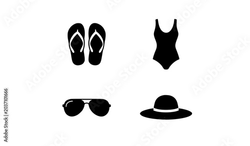 Φωτογραφία Minimal Beachwear Silhouette Icon Set Featuring Flip Flops Swimsuit Sunglasses a