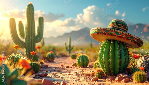 Cactus in sombrero desert landscape scene.