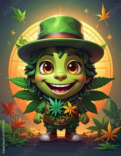 Cartoon cannabis leaf character smiling happily.