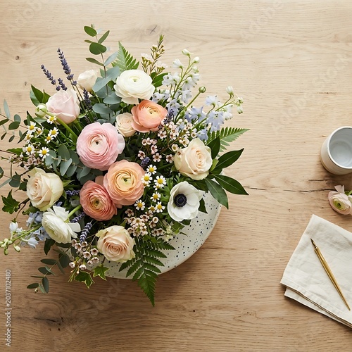 Beautiful Floral Bouquet on Rustic Wooden Table.